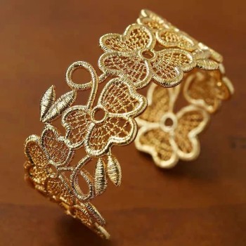 Embroidered Lace Hollow Flower Wide Bracelet Open Bracelet
