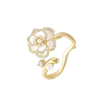 Golden Camellia Series Romantic Flower Ring White Drop Oil Elegant Open Ring