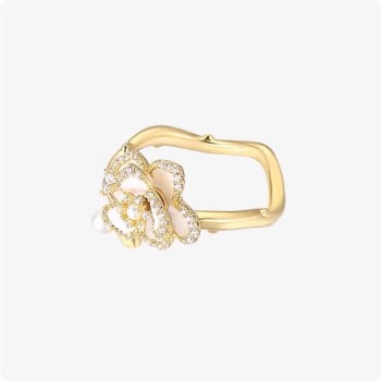 Golden Camellia Series Romantic Flower Ring White Drop Oil Elegant Open Ring