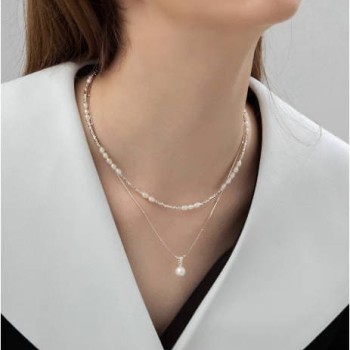 925 Sterling Silver Broken Silver Freshwater Pearl Necklace Women'S Bamboo Double Layered Clavicle Chain